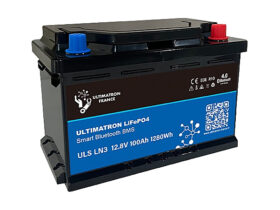 Batterie lithium LiFePO4 100Ah Ultimatron 12,8V vue de face bornes SAE