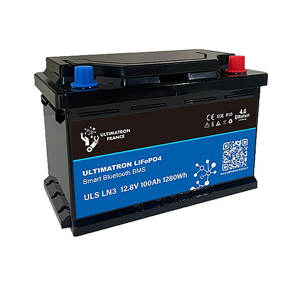 Batterie lithium LiFePO4 100Ah Ultimatron 12,8V vue de face bornes SAE